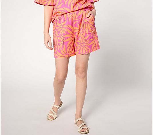 Belle Beach by Kim Gravel Cabana Knit Good Vibrations Cuffed Short - QVC.com Printed Summer Vacation Shorts, Printed Vacation Shorts For Summer, Summer Floral Print Patterned Bottoms, Printed Bottoms For Summer Loungewear, Multicolor Shorts For Summer Outings, Relaxed Fit Beachwear Shorts For Spring, Casual Vibrant Print Bottoms For Vacation, Casual Bottoms With Vibrant Print For Vacation, Spring Vacation Bottoms With Vibrant Print