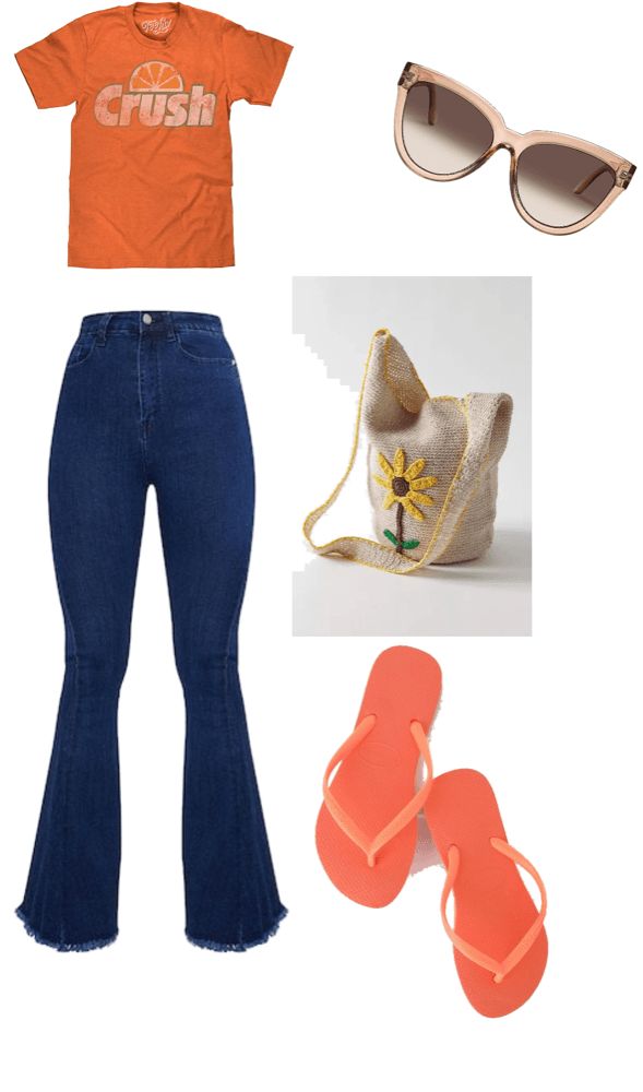 an orange shirt, jeans and sandals are on display