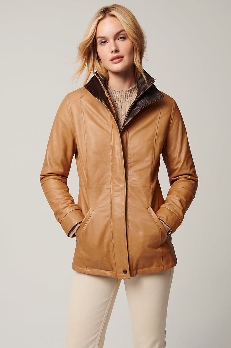 Impeccably crafted and timelessly stylish, the Rory leather jacket offers lightweight warmth and a luxurious touch to your autumn-to-spring wardrobe. This flattering, full-zip coat with a storm placket and contrast-color double collar is made from ultra-smooth, lightweight North African lambskin leather with a vintage finish. Inside, you'll find satiny lining for comfort. Rory's eye-catching standup-collar jacket pairs perfectly with jeans and boots, whether you're exploring a new city or enjoying the countryside. Zip Coat, Double Collar, Lambskin Leather Jacket, Collar Jacket, A Storm, New City, Spring Wardrobe, Lambskin Leather, Jeans And Boots