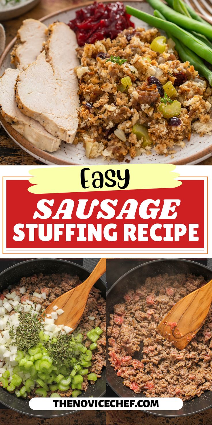 sausage stuffing recipe in pans with text overlay