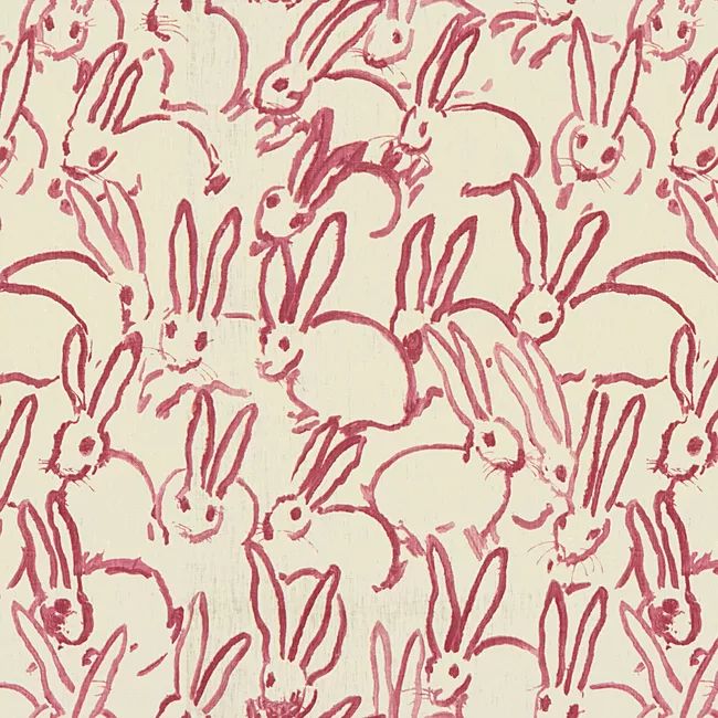 a drawing of many red rabbits on a white background with pink ink in the middle