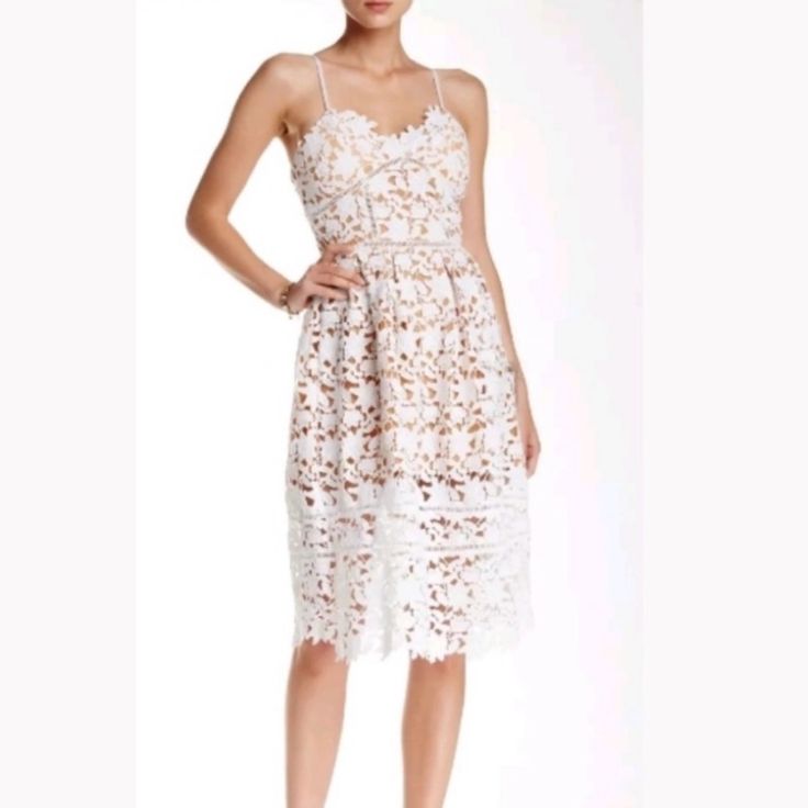 Perfect For A Bridal Shower Or Any Bride Related Or Vacation Event With Its Lace Design And Nude Underlay. Few Moda By Asos Elegant White Lace Dress With Spaghetti Straps, White Lace Party Dress With Spaghetti Straps, White Scalloped Lace Beach Dress, White Feminine Dress For Brunch, Feminine White Dress For Brunch, White Lace Dress With Spaghetti Straps For Summer, White Lace Summer Dress With Spaghetti Straps, White Midi Lace Dress With Scalloped Lace, White Scalloped Lace Midi Dress