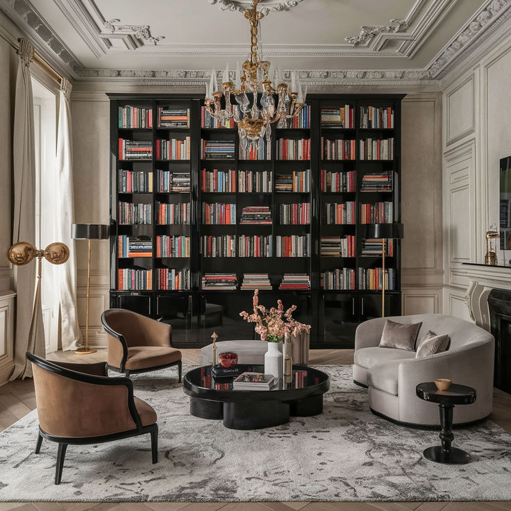 a living room filled with lots of furniture and bookshelves covered in bookcases