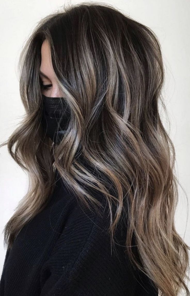 Dark Brown Base With Ash Blonde Balayage, Highlights To Disguise Gray Hair, Trendy Highlights For Brunettes, Brunette With Ash Blonde Highlights, Ashy Babylights On Dark Hair, Deep Brown Hair, Balayage Ideas, Hair Play, Mom Hair