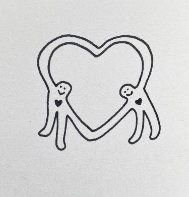 two people holding hands in the shape of a heart, drawn by hand on white paper