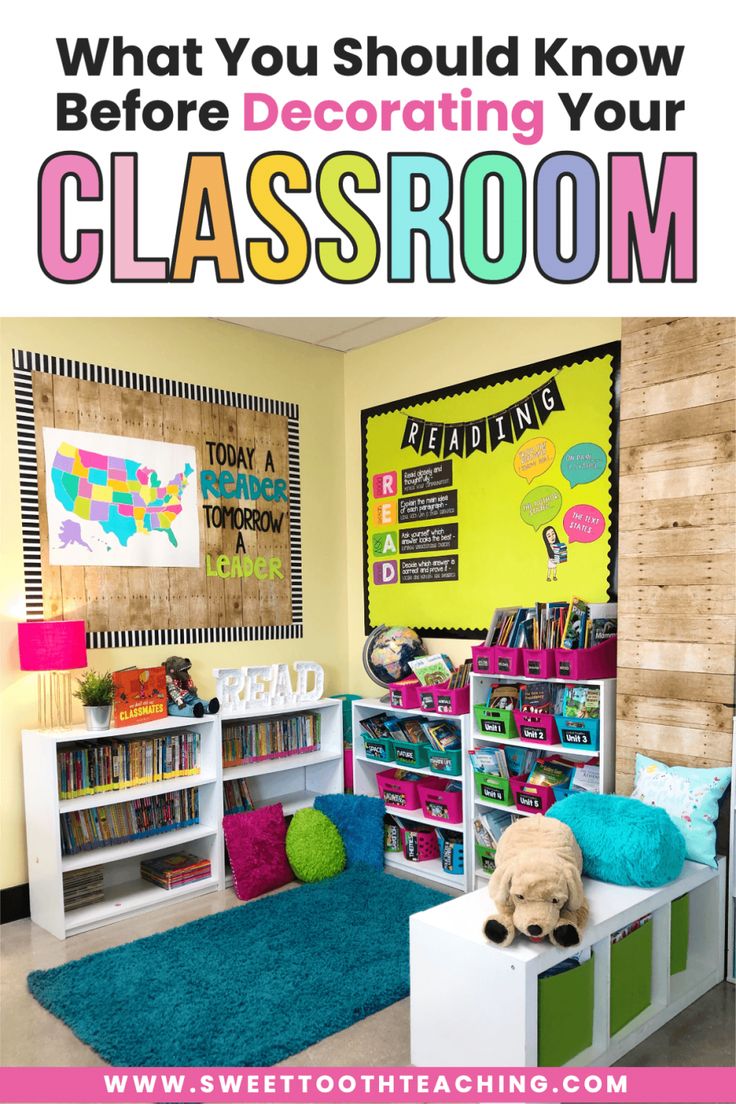 a classroom with bookshelves and colorful rugs on the floor that says, what you should know before decorating your classroom