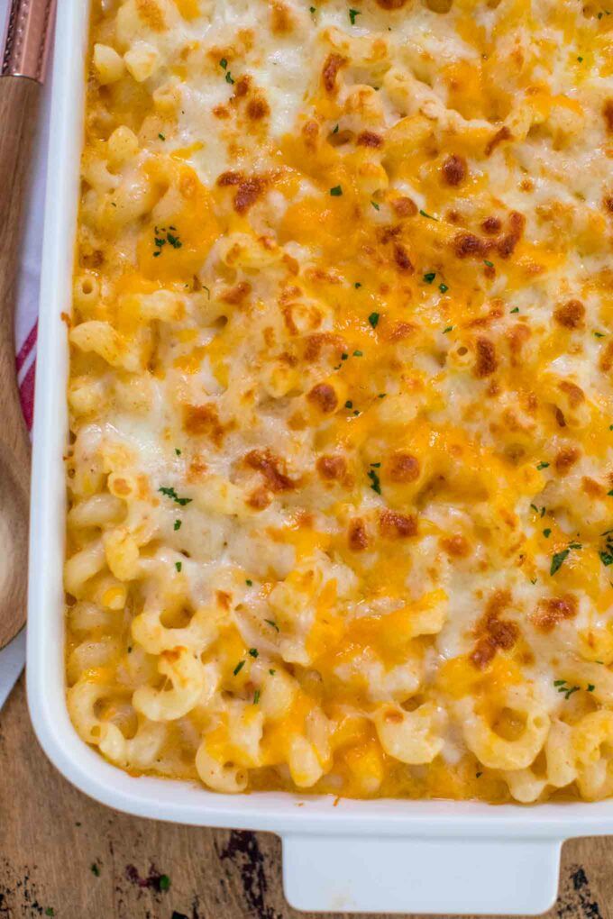 a casserole dish with macaroni and cheese