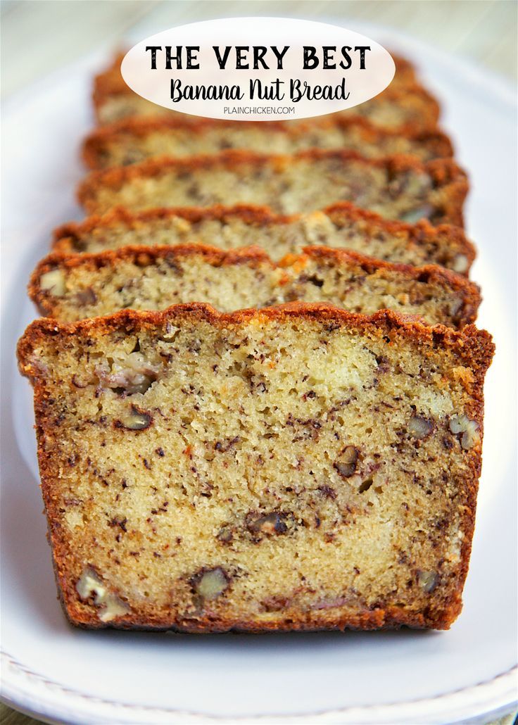 slices of banana nut bread on a white plate with the words, the very best banana nut bread