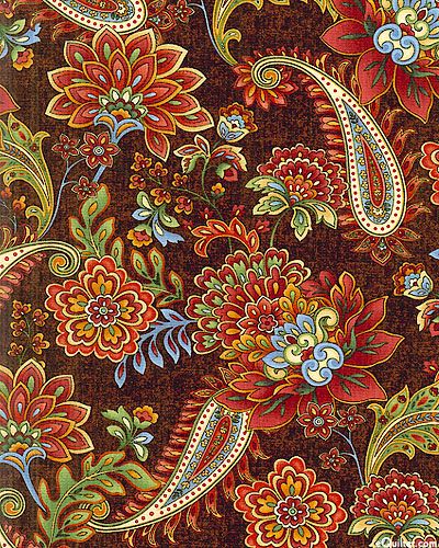 a brown background with colorful flowers and paisleys on it's sides, including leaves