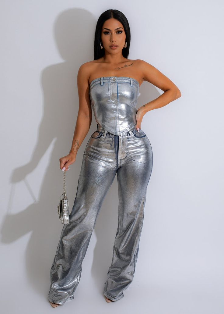 Silver Metallic Crop Top - 96% Cotton, Back Zipper – Diva Boutique Online Grey Photoshoot, Silver Crop Top, Metallic Crop Top, Corset Gown, Metallic Jeans, Diva Boutique, High Fashion Outfits, Metallic Dress, Boutique Online