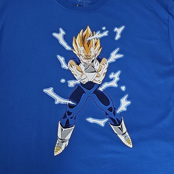 Hot Topic Dragonballz Majin Vegeta Shirt Nwt Great Gift For A Dbz Fan Blue Graphic Tee Shirt With Sublimation Print, Blue Pre-shrunk Long Sleeve Shirt, Blue Crew Neck Shirt With Front Print, Blue Graphic Tee With Front Print, Sporty Blue Shirt With Graphic Print, Blue Sporty Tops For Fan Events, Sporty Blue Tops For Fan Events, Blue Sublimation Print Tops For Fans, Blue Fan Apparel T-shirt For Fan Events