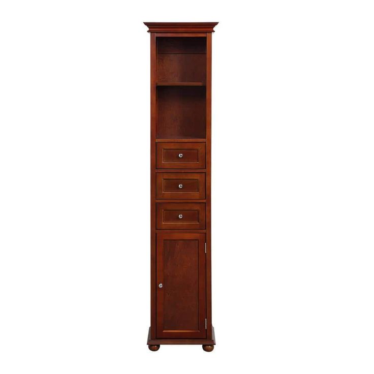 a tall wooden cabinet with drawers on one side and an open drawer on the other