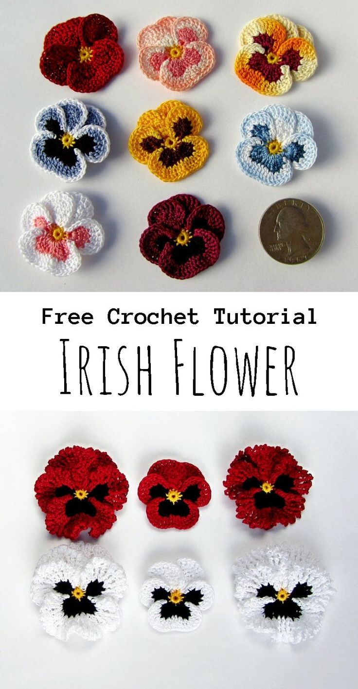 crochet flowers are shown in different colors and sizes