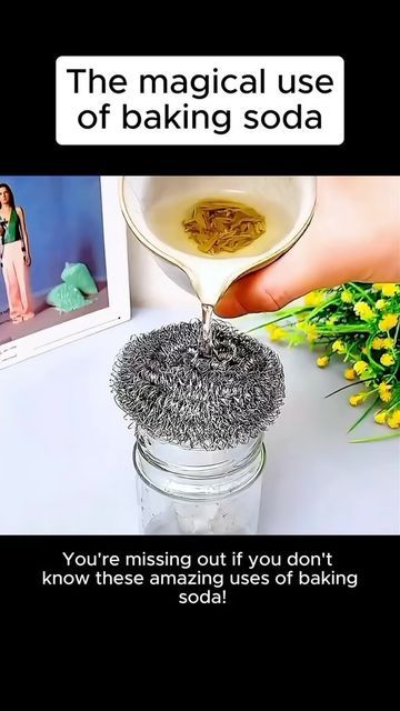 a person pouring something into a jar with some sort of substance in it and the caption reads, you're missing out if you don't know what these amazing uses of baking soda