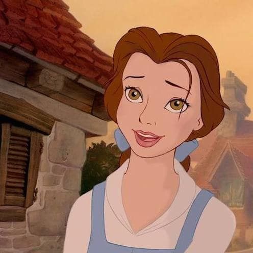 an animated image of a woman with brown hair and green eyes in front of a castle