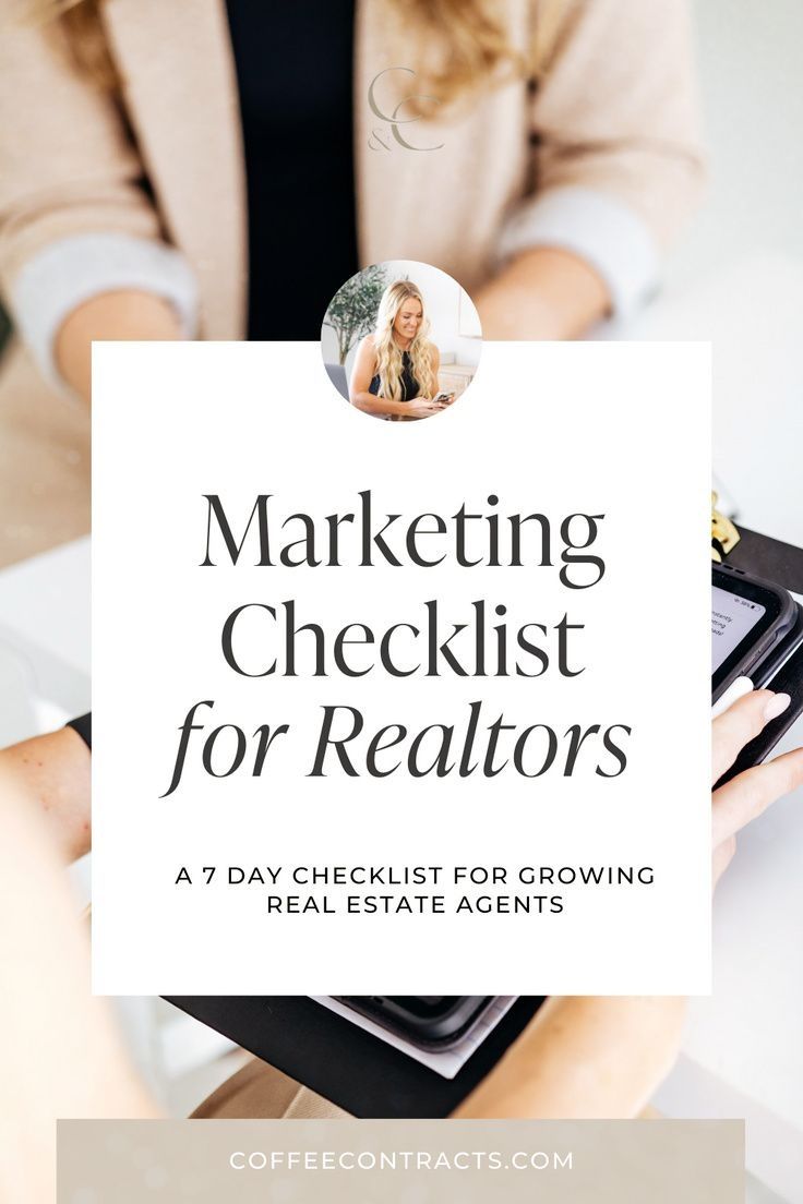 a woman holding a sign that says marketing checklist for realtors