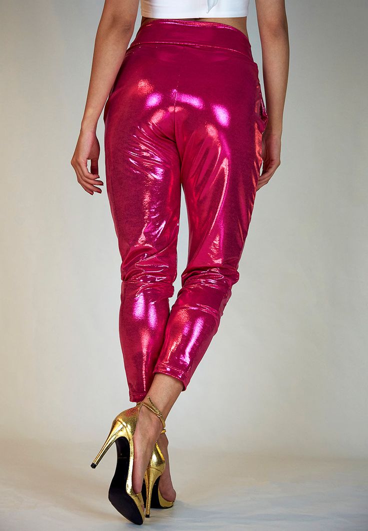 Hot pink is in. Whether you feel 70s Go-go or just candy fun, you are going to rock it in these pants. Pair them with black or white and a touch of gold. Glam, versatile, casual, chic. Our metallic slouched pants sit comfortably at mid waist. You may style them higher or lower as you please. They are roomy from the waist through the thighs and trimmed to the bottom. And yes, they have pockets. The fabric has a shimmering metallic shine while being breathable and soft to the touch. So soothing an Curve Building, Slouch Pants, Boyfriend Pants, Hip Stretches, Gold Glam, Best Candy, High Hips, Boyfriend Style, Touch Of Gold