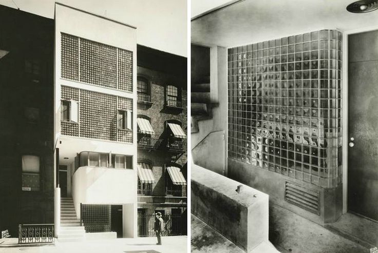 two black and white photographs of the inside of a building with glass blocks on it