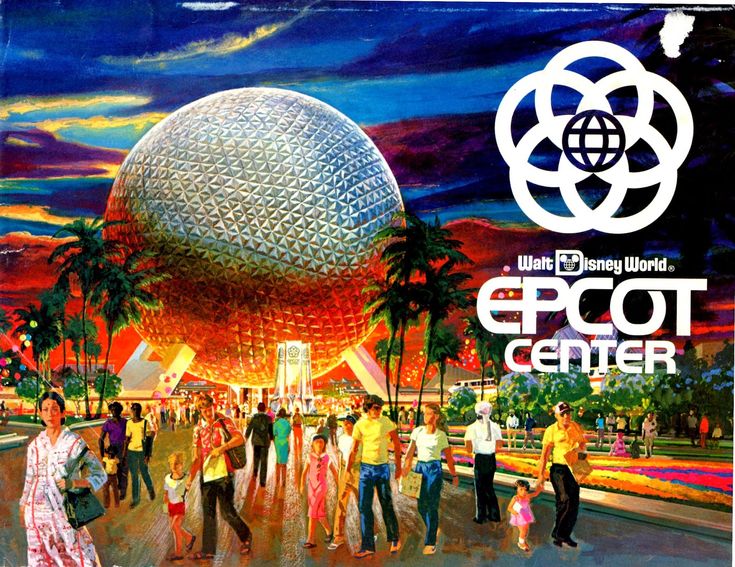 the epcot center poster is displayed on a bed sheet with people walking around it