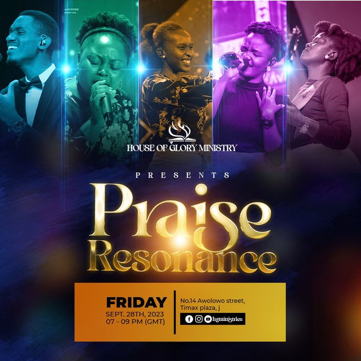 an event poster for praise resanance with people singing and holding microphones in front of them