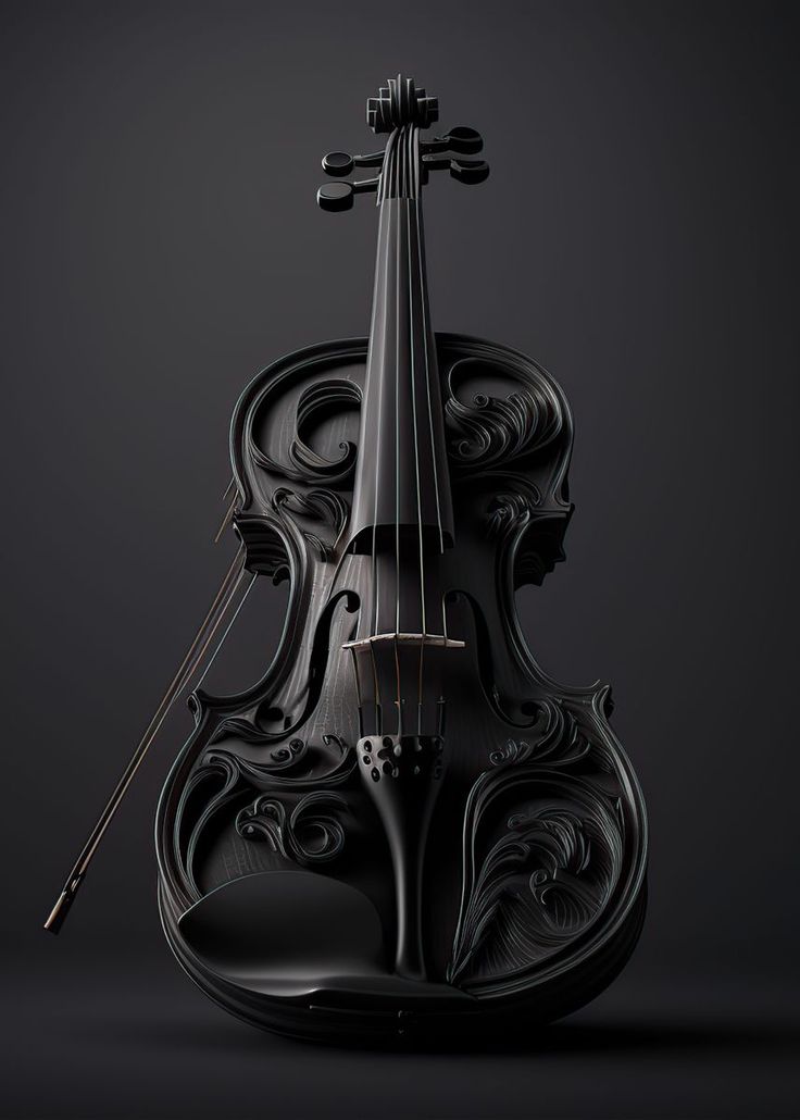 a black violin with ornate designs on the front and back, against a dark background