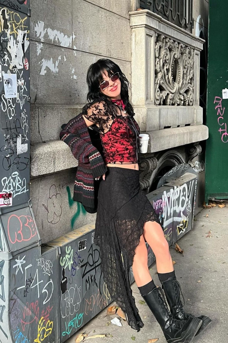 #mingalondon #lace #lacetop #laceskirt #asymmetricalskirt #blacklace #cardigan #knitwear #romanticvibes #grungefashion #grungeaesthetic #grungestyle #aesthetic #grungegirl #outfitinspo #outfitinspiration #outfitideas #styleinspo #grungegirl #aestheticoutfit #90s #90sfashion #00s #vintageoutfits #vintageaesthetic #2000seaesthetic #aestheticoutfits #2000sfashion #2000snostalgia #style #fashioninspo #ootd #outfits #cuteoutfits #grungeclothing #grungeclothes #y2kfashion #y2kclothing #y2kclothes Long Back Skirt Outfits, Going Out Alternative Outfits, Gothic Bohemian Outfits, Mesh Dress Layering, Long Skirt Rave Outfit, London Grunge Fashion, Boho Aesthetic Outfit Winter, Outfits With Lace Tights, 90s Grunge Outfits Punk Rock