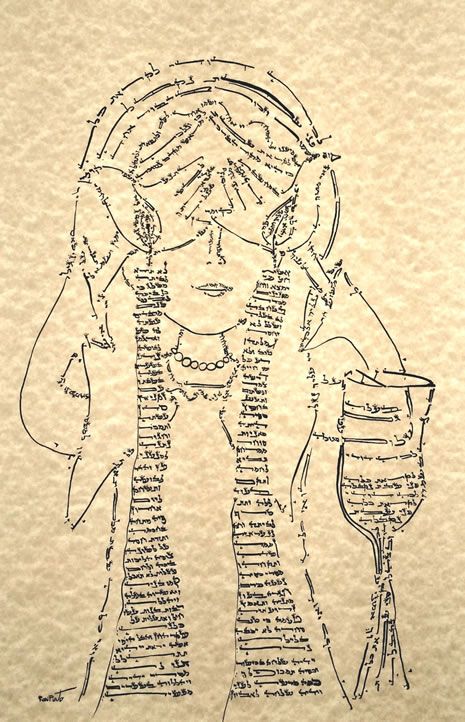 a drawing of a woman's face with words written all over her head and neck