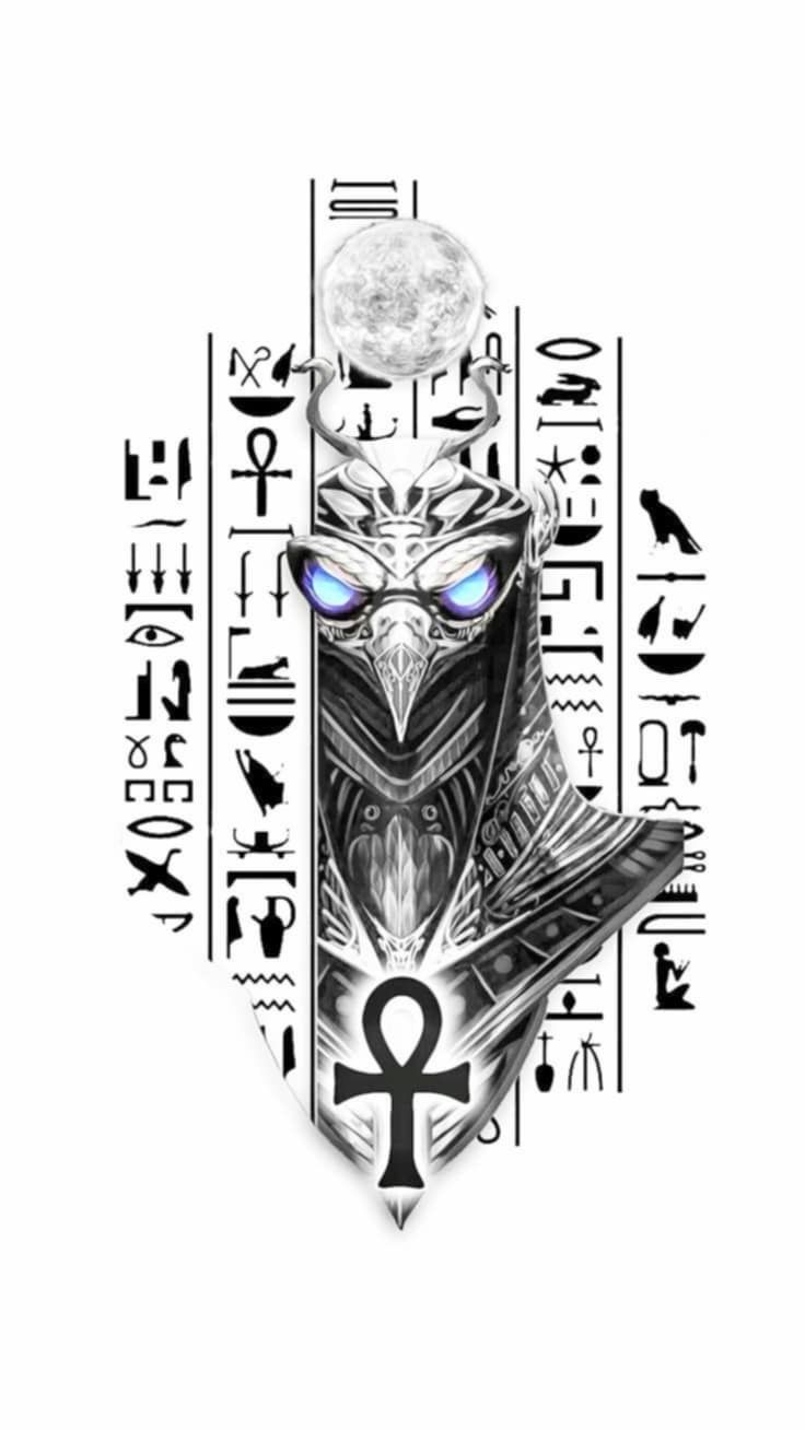 an image of the egyptian symbol with an owl on it's head, surrounded by other symbols