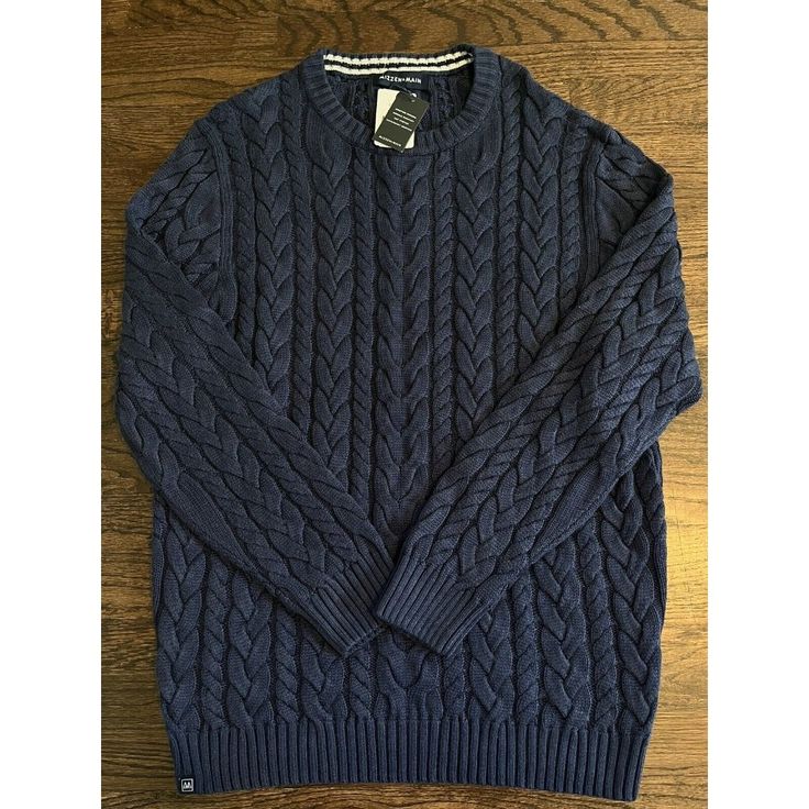 Nwt Mizzen + Main Redford Cable Knit Crewneck Sweater Blue Mens Size Small $178 Casual Crew Neck Cable Knit Outerwear, Casual Cable Knit Crew Neck Outerwear, Casual Wool Crew Neck Sweater, Casual Crew Neck Wool Sweater, Blue Cotton Sweater For Cold Weather, Navy Crew Neck Sweater For Winter, Casual Navy Sweater With Ribbed Cuffs, Navy Cable Knit Sweater For Winter, Casual Navy Knitted Sweater