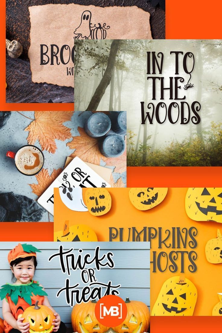 there are pumpkins and other items on the wall in this collage with words that read, trick's or treats