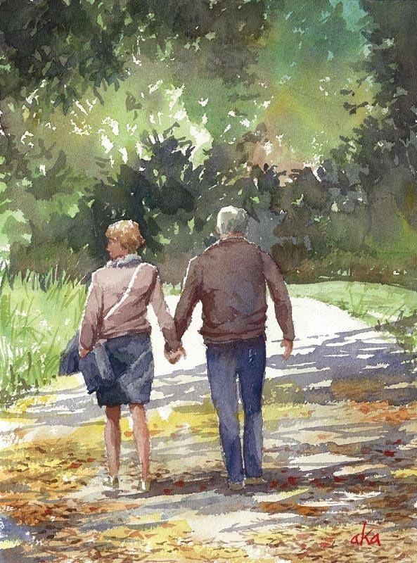 an elderly couple walking down a path in the park holding hands, watercolor on paper