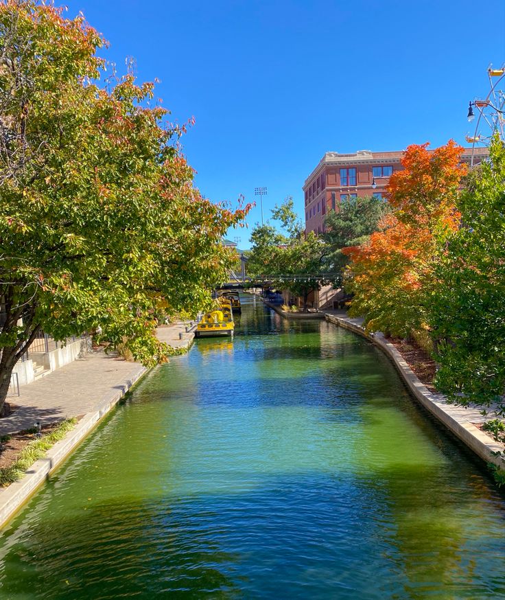 a river running through a city next to tall buildings and trees with orange leaves on them