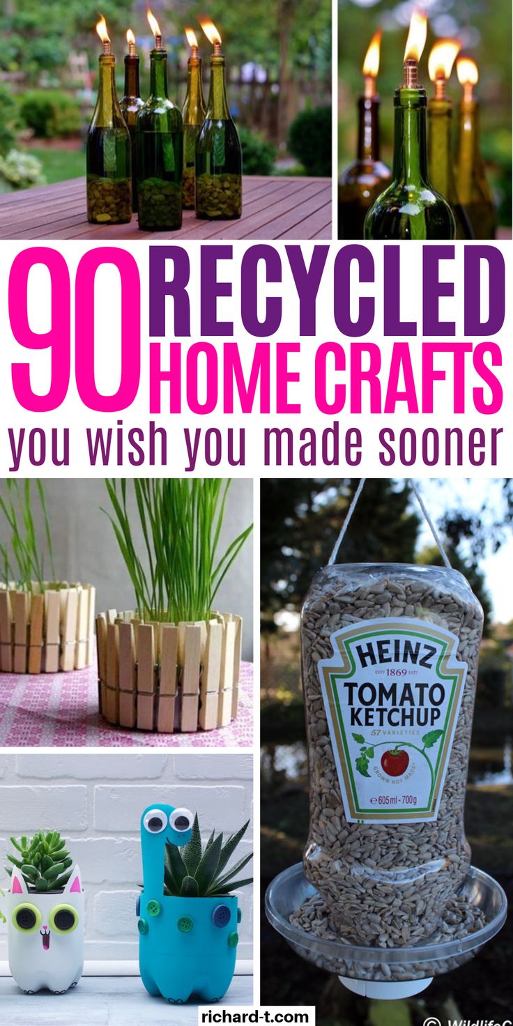 the cover of an article about recycled home crafts with pictures of bottles and candles in them