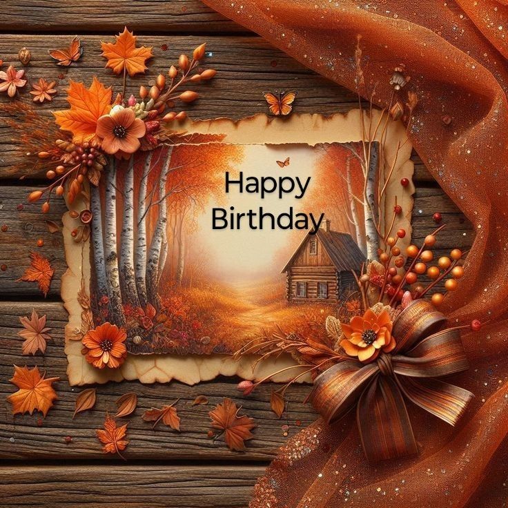 an image of a happy birthday card with autumn leaves and flowers on wood planks