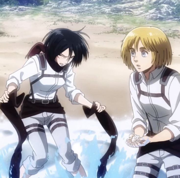 two anime characters are standing in the water