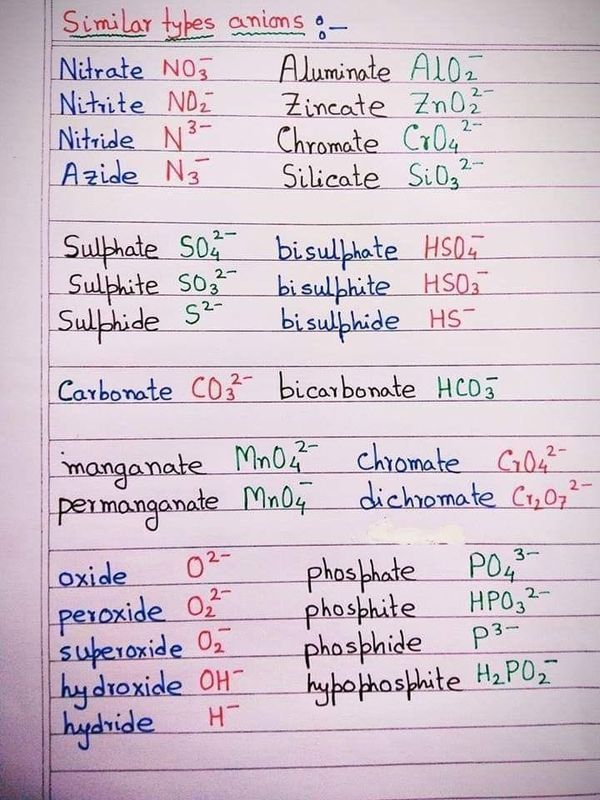 a sheet of paper with different types of substances and numbers on it, all written in black ink