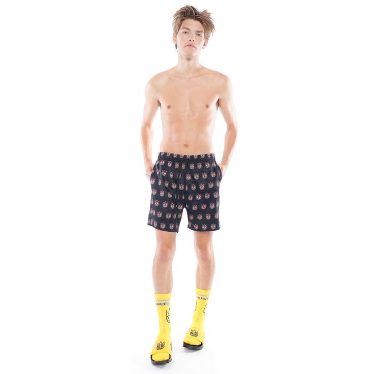 This Cult swim short is crafted from a lightweight, quick-drying polyester . These are the best swim trunks with a mesh lining pockets and rubber tipped drawstrings at the waist for a comfortable fit. This swim short features a allover printed Cult graphic. -100% Polyester -Regular swim short fit Black Swim Trunks With Built-in Shorts For Beachwear, Black Beachwear Shorts With Elastic Waistband, Short Nylon Swim Trunks For Swimming, Nylon Short Swim Trunks For Swimming, Black Nylon Shorts For Beach Season, Black Beachwear Shorts, Black Swimwear With Built-in Shorts For Summer, Black Short Swimwear, Black Short Summer Swimwear