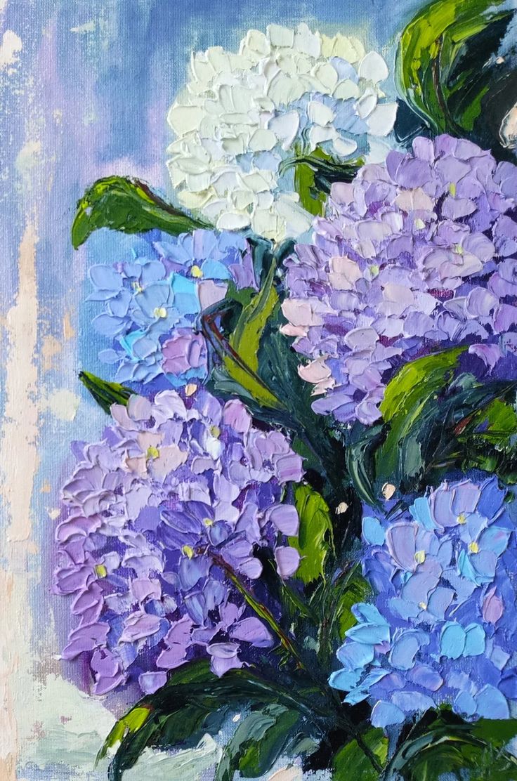 a painting of purple and white flowers in a vase