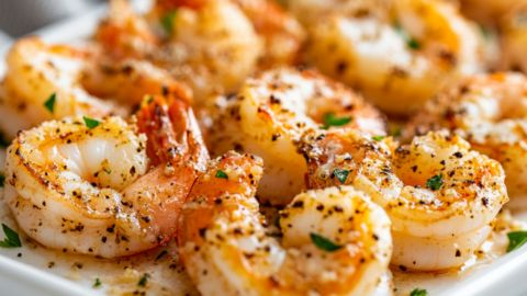 a white plate topped with cooked shrimp and garnished with parmesan sprinkles