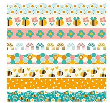 a bunch of different types of washi tapes on a white background with flowers and hearts