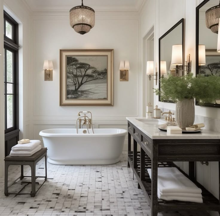 a white bath tub sitting under two mirrors in a bathroom next to a wooden table