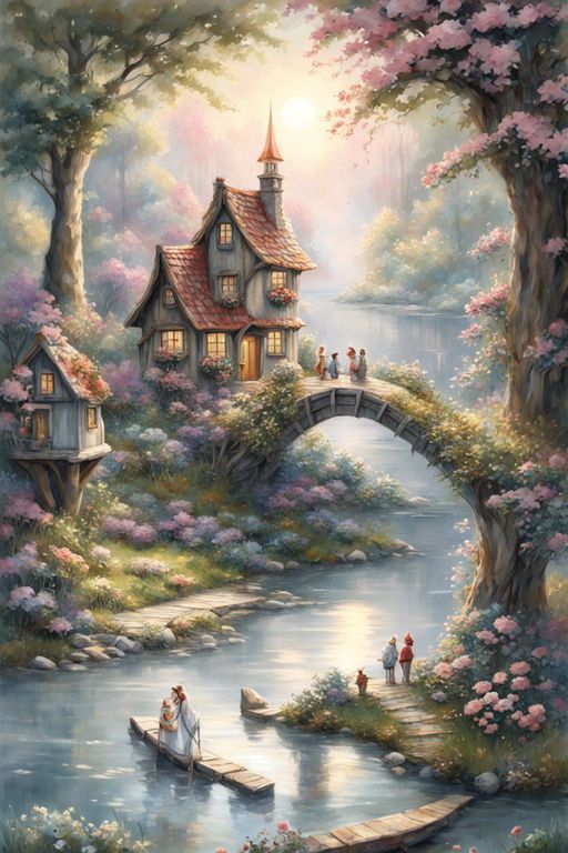 a painting of people walking across a bridge over a river with a house on it