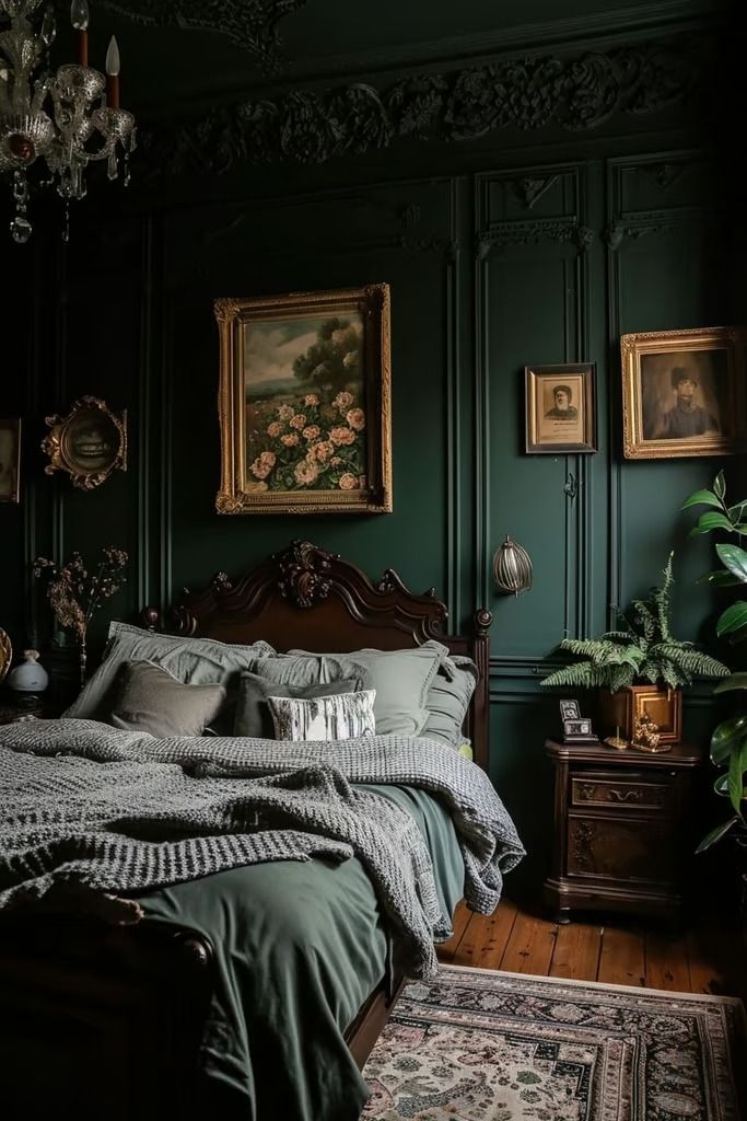 a bedroom with green walls and an antique bed