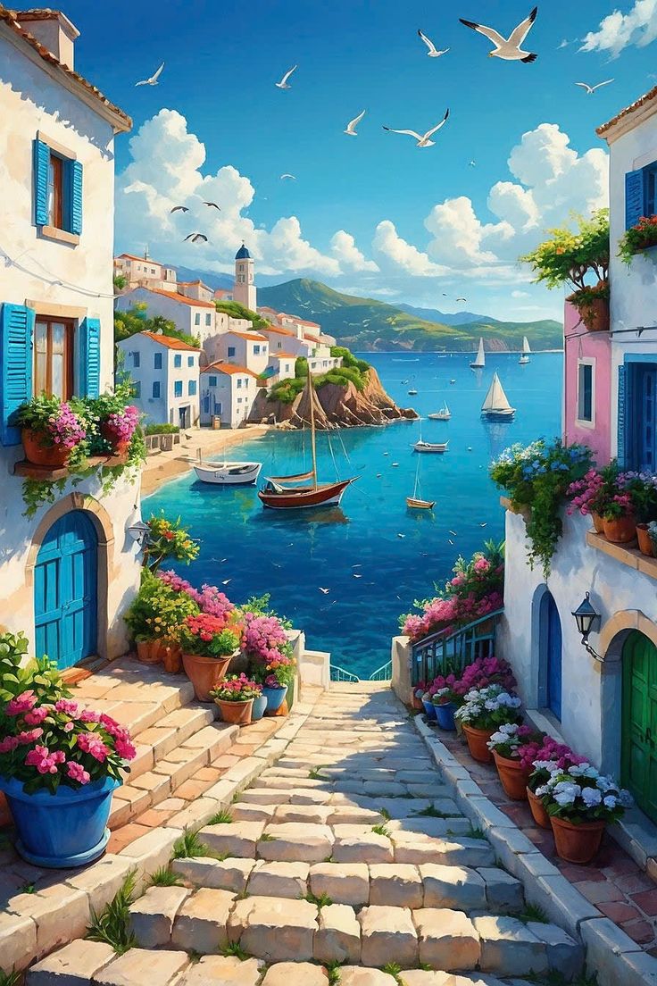 an oil painting of boats on the water near buildings with flowers and plants in front of them