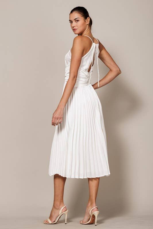 Elevate your formal attire with the Marilyn White Pleated Midi Dress. Featuring an apron neck, modern corset waist, and back tie, this plisse dress adds allure to any event. With its sophisticated design and charming details, you'll feel confident and polished. Perfect for both formal events and cocktail parties. Fitted Midi-length Backless Dress With Tie Back, Fitted A-line Backless Dress For Brunch, Chic A-line Ruched Dress, Formal Spring Backless Dress With Ruched Back, Spring Formal Backless Dress With Ruched Back, Fitted Backless Midi Dress For Brunch, Spring Fitted Backless Dress For Cocktails, Fitted Backless Dress For Spring Cocktail, Fitted Backless Dress With Tie Back For Casual Occasions