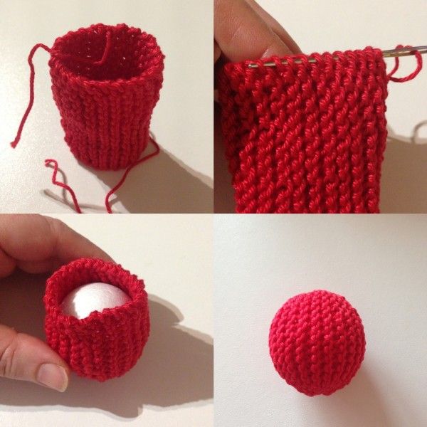 crocheted red cup holder being worked on