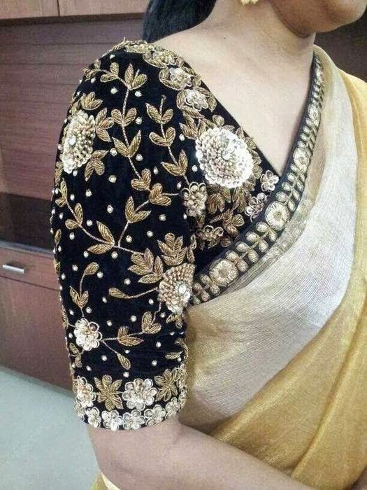 Black velvet designer quarter sleeves blouse with round neck patterned. Maggam work floral design embellished across and sequins, stones ... Velvet Blouse Pattern, Black Saree Blouse Designs, Black Saree Blouse, Velvet Blouse Design, Black Velvet Blouse, Zardosi Work, Velvet Blouse, Blouse Designs Indian, Blouse Designs Silk