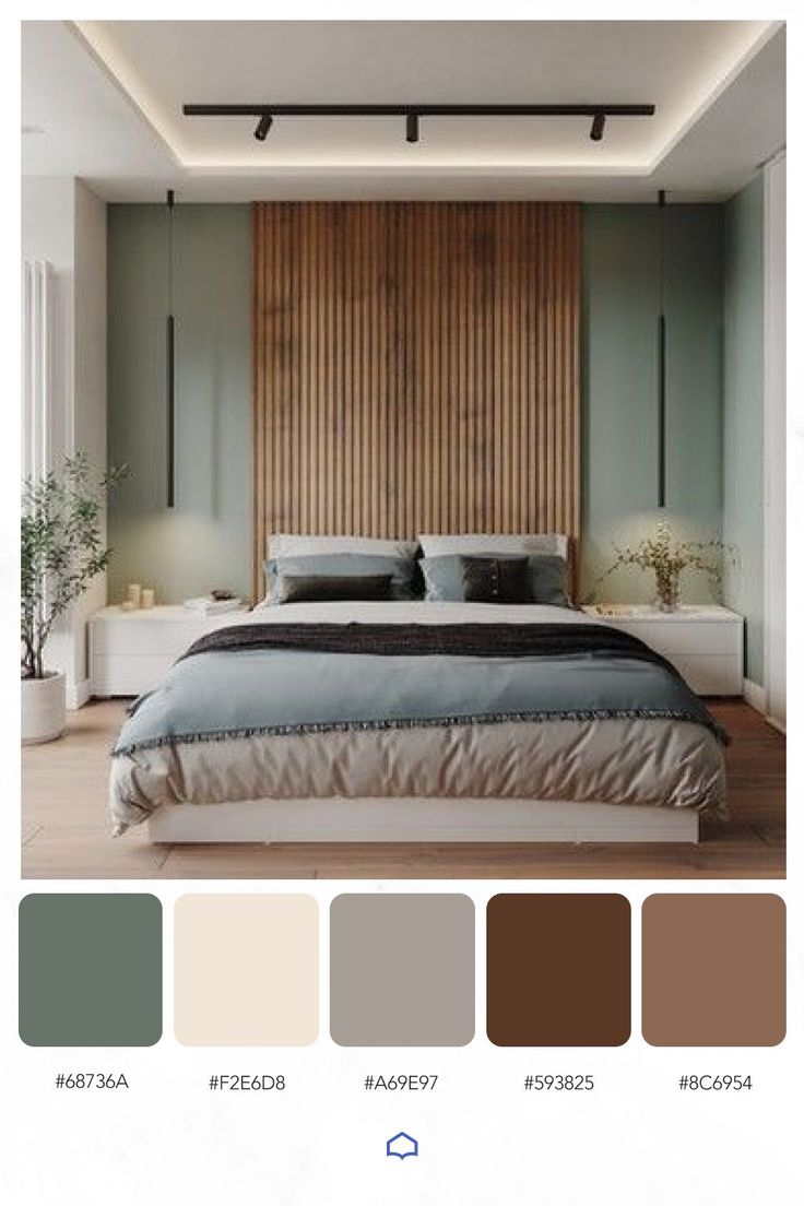 a bedroom with green walls and wooden slats on the headboard, along with neutral colors