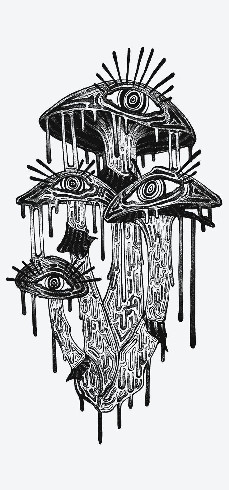 an ink drawing of some kind of strange structure with eyes and other things hanging from it