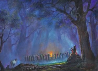 a painting of people standing in the woods at night, surrounded by cows and trees